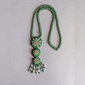 Stunning Long Vintage Sioux/ Plains Beaded Rosette Necklace Hand-Beaded